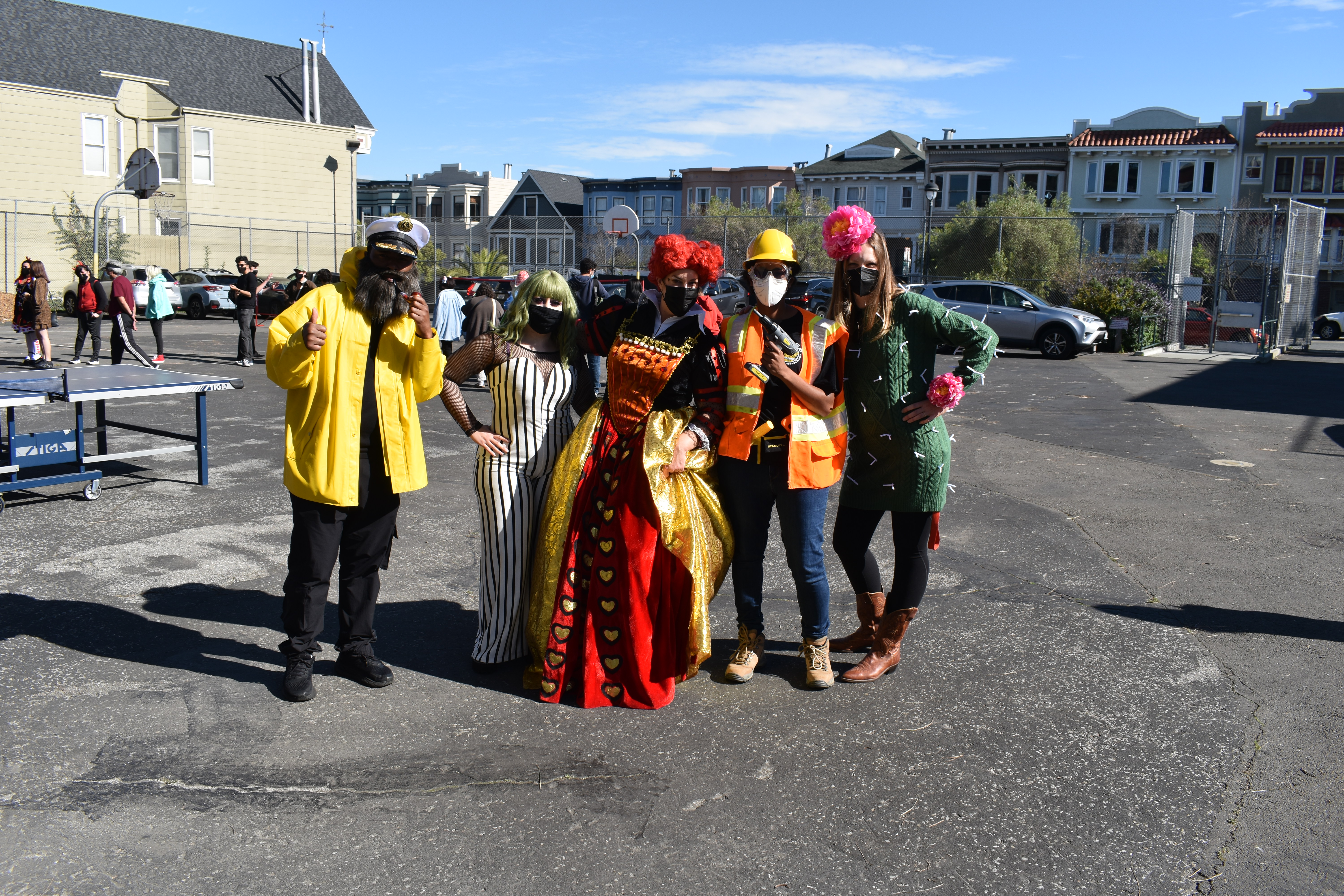 teachers dressed up for halloween on the schoolyard