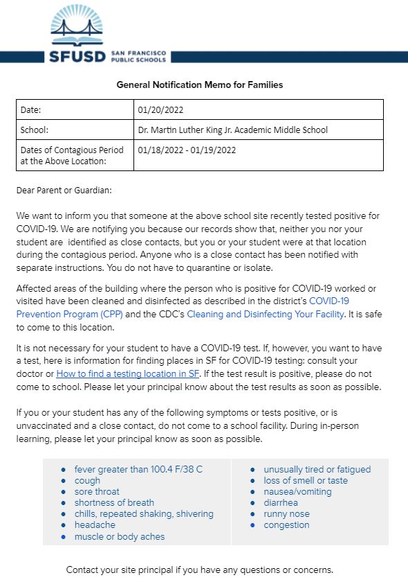 General Notification Memo For Families January 20 2022 English