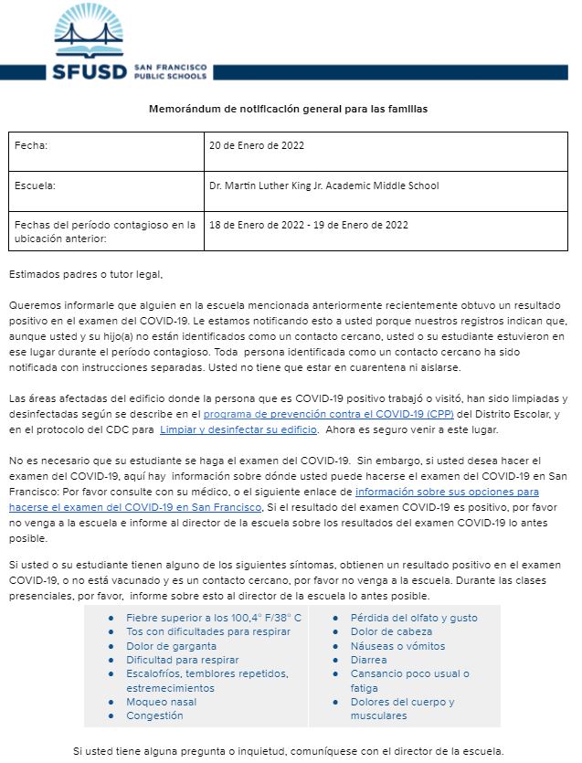 General Notification Memo For Families January 20 2022 Spanish