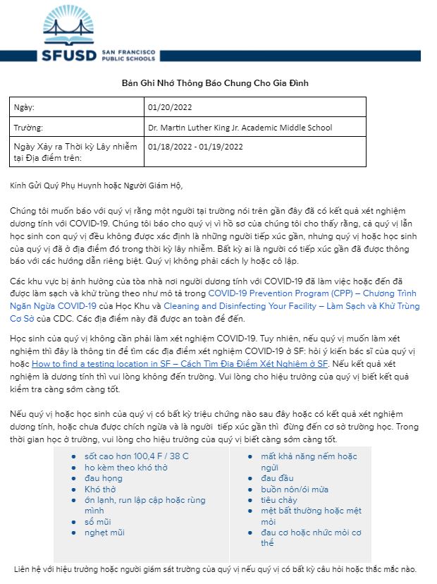 General Notification Memo For Families January 20 2022 Vietnamese