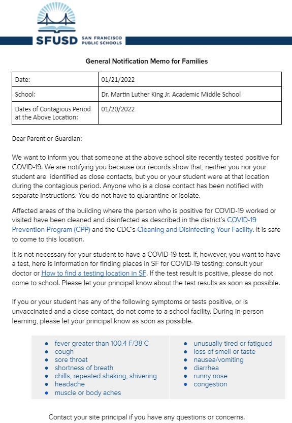General Notification Memo For Families January 21 2022 English