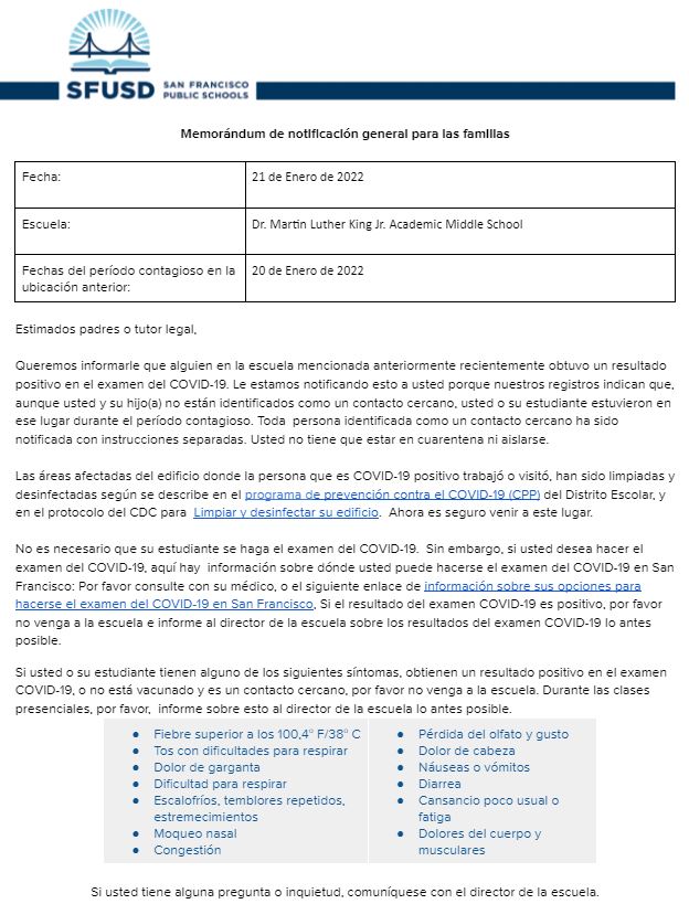 General Notification Memo For Families January 21 2022 Spanish