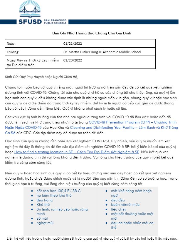 General Notification Memo For Families January 21 2022 Vietnamese