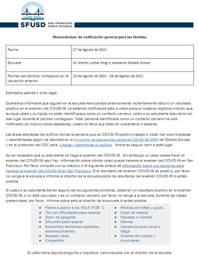 General Notification Memo Spanish 08/27/2021