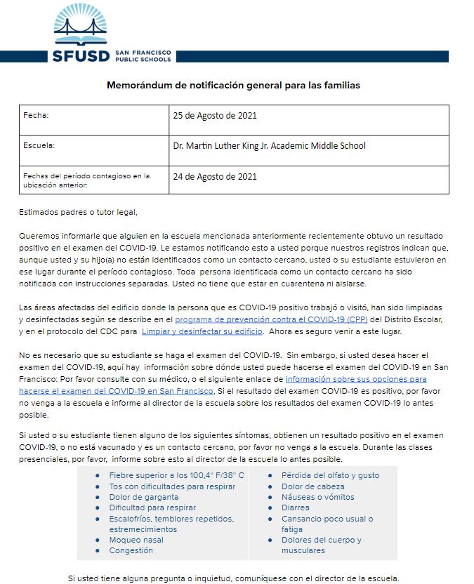 General Notification Memo Spanish