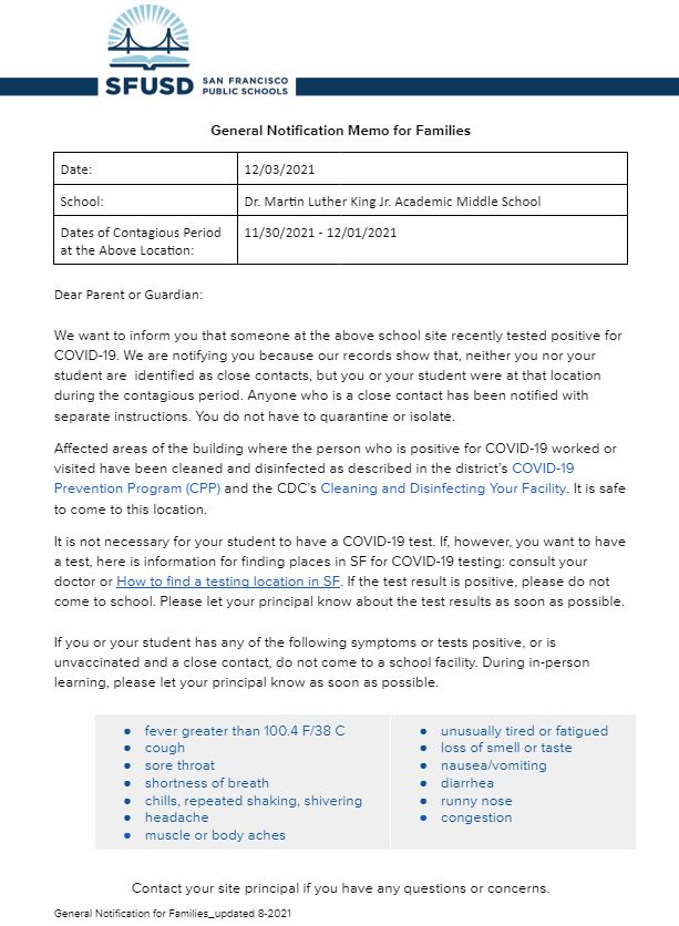 General Notification Memo For Families December 3 2021 English