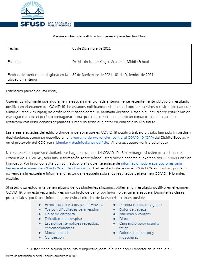 General Notification Memo For Families December 3 2021 Spanish