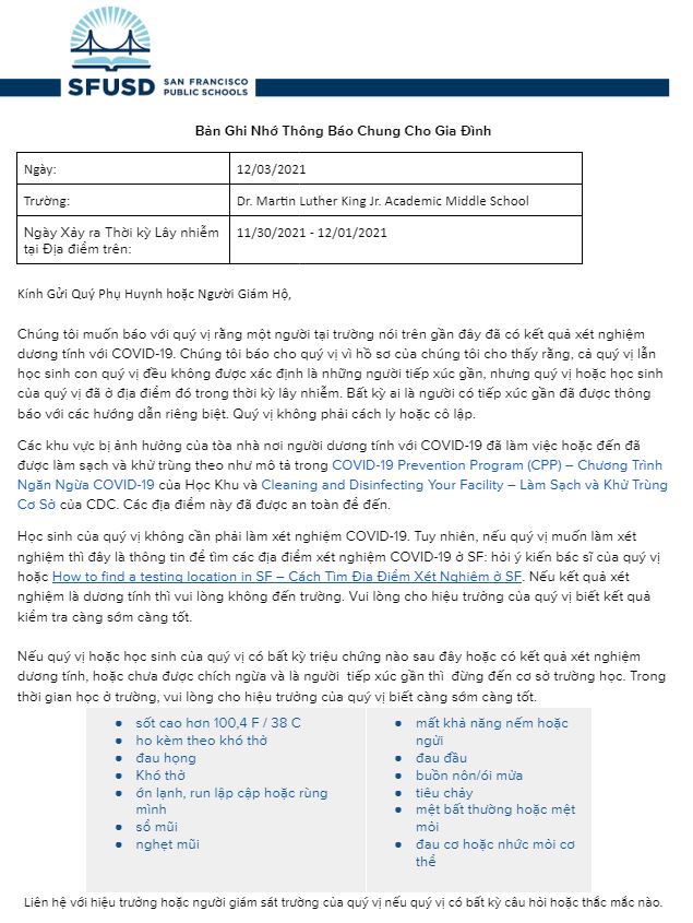 General Notification Memo For Families December 3 2021 Vietnamese