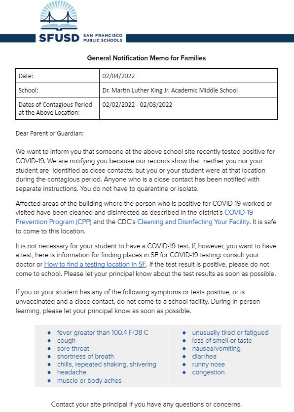 General Notification Memo For Families February 04 2022 English