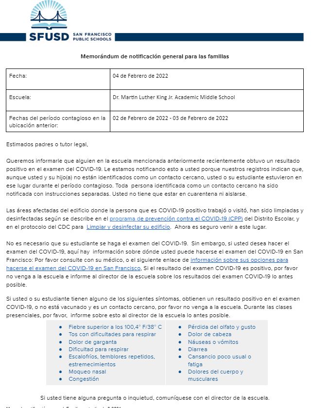 General Notification Memo For Families February 04 2022 Spanish