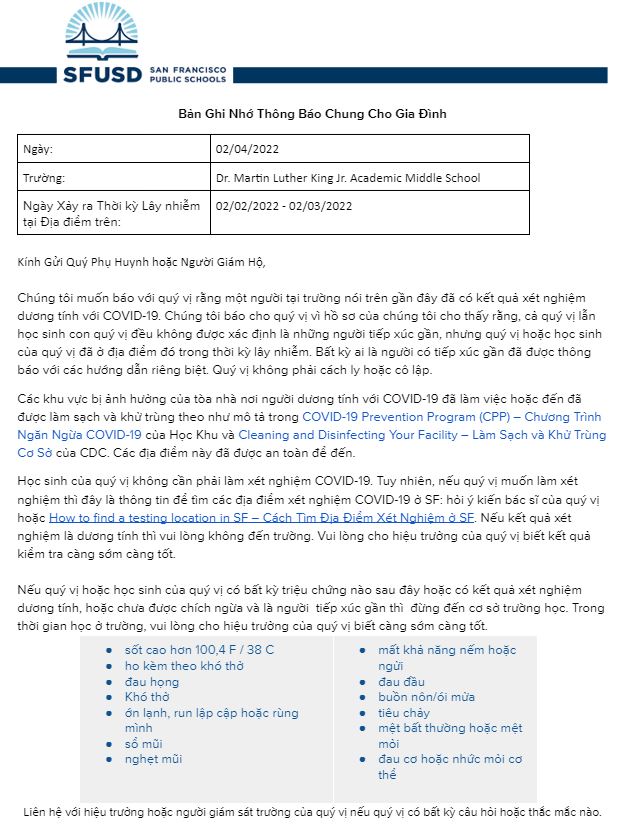 General Notification Memo For Families February 04 2022 Vietnamese