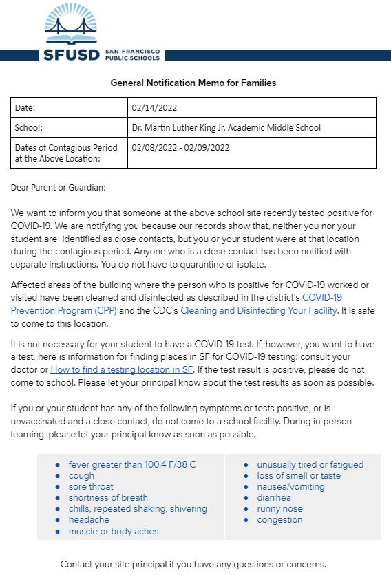 General Notification Memo For Families February 14 2022 English