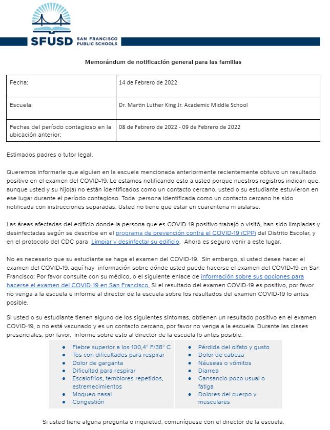General Notification Memo For Families February 14 2022 Spanish