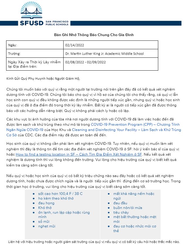 General Notification Memo For Families February 14 2022 Vietnamese