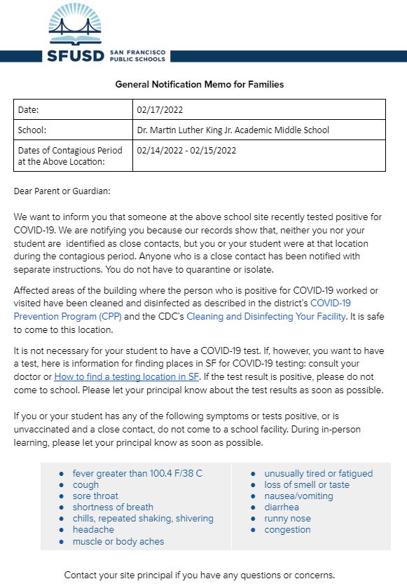 General Notification Memo For Families February 17 2022 English