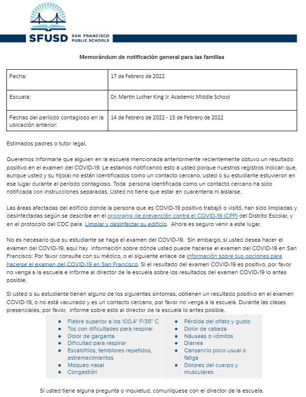 General Notification Memo For Families February 17 2022 Spanish