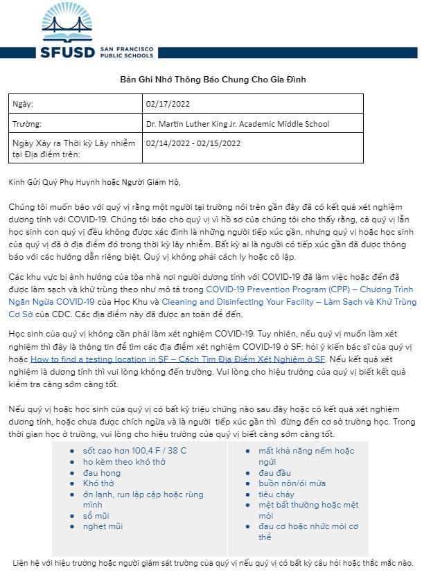 General Notification Memo For Families February 17 2022 Vietnamese