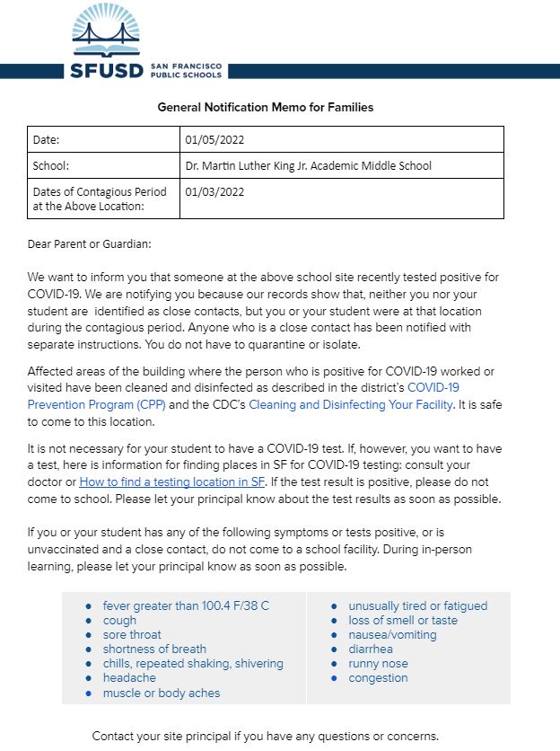 General Notification Memo For Families January 05 2022 English