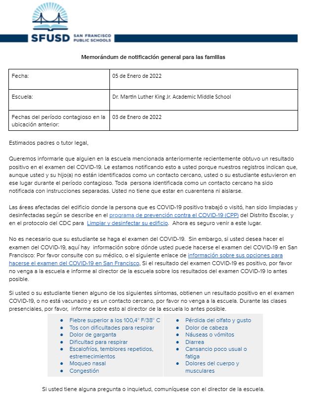 General Notification Memo For Families January 05 2022 Spanish