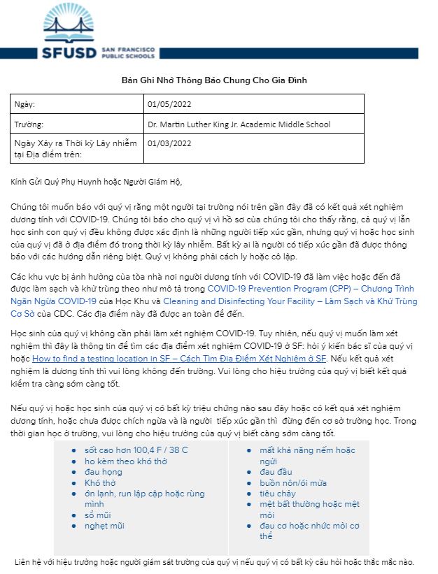 General Notification Memo For Families January 05 2022 Vietnamese