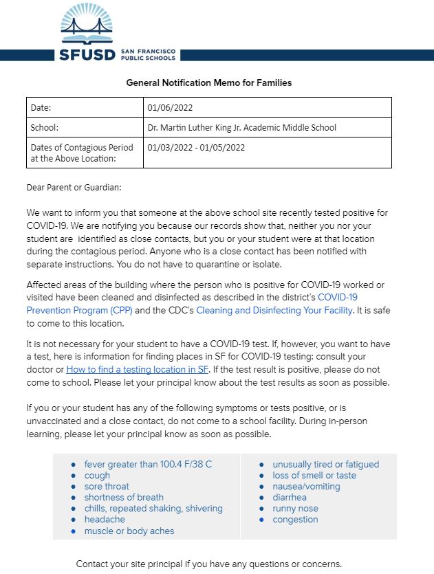 General Notification Memo For Families January 06 2022 English