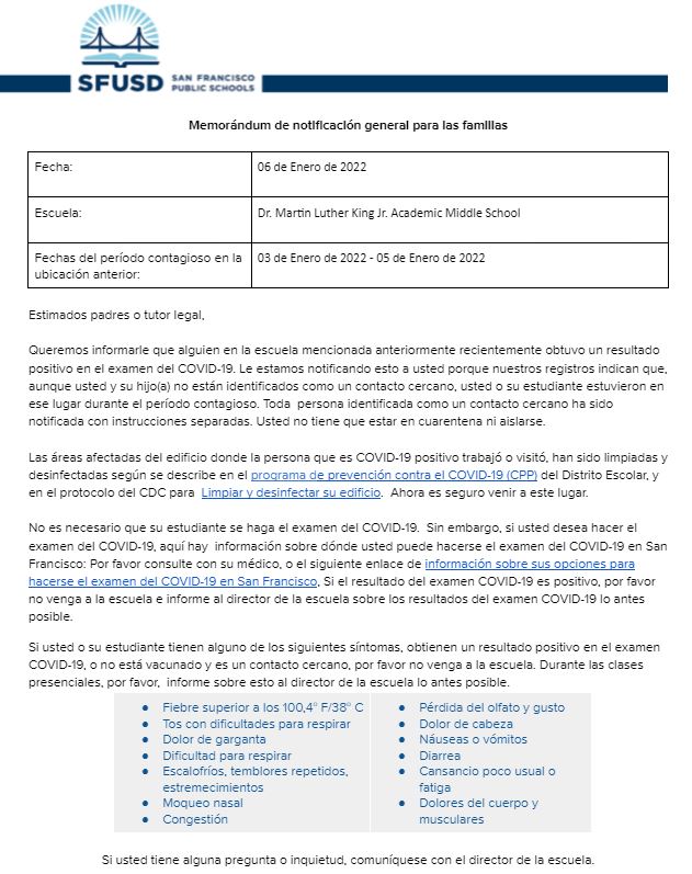 General Notification Memo For Families January 06 2022 Spanish