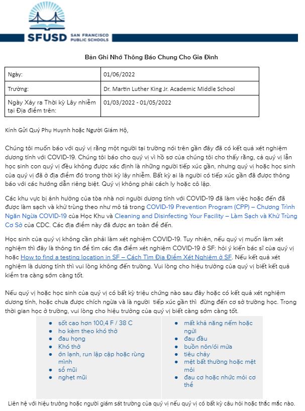 General Notification Memo For Families January 06 2022 Vietnamese
