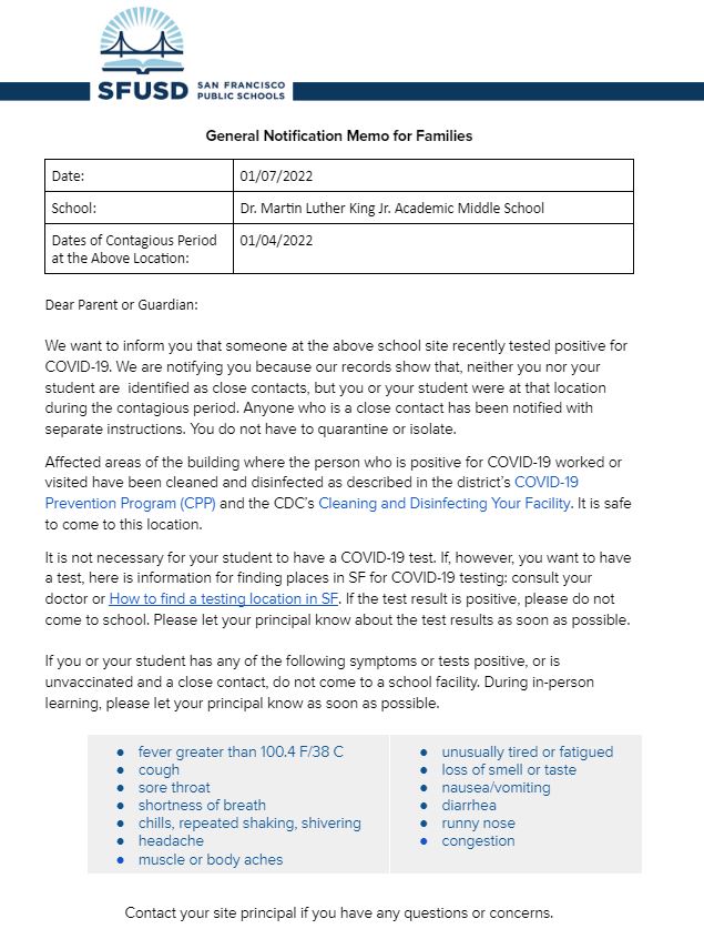 General Notification Memo For Families January 07 2022 English