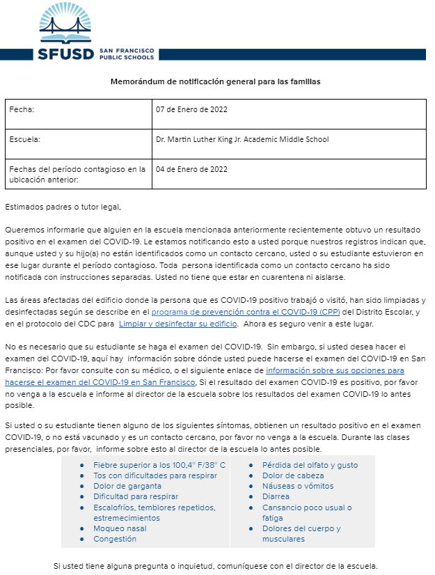 General Notification Memo For Families January 07 2022 Spanish