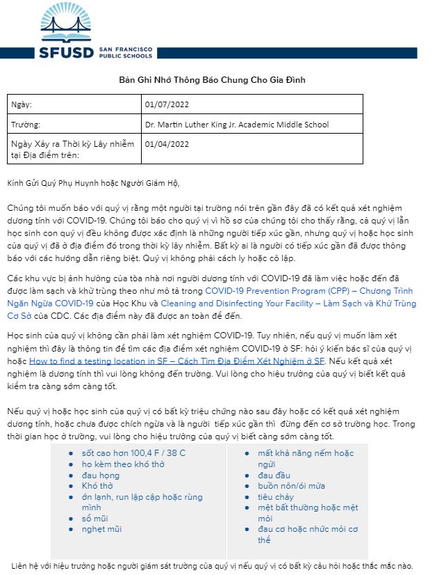 General Notification Memo For Families January 07 2022 Vietnamese
