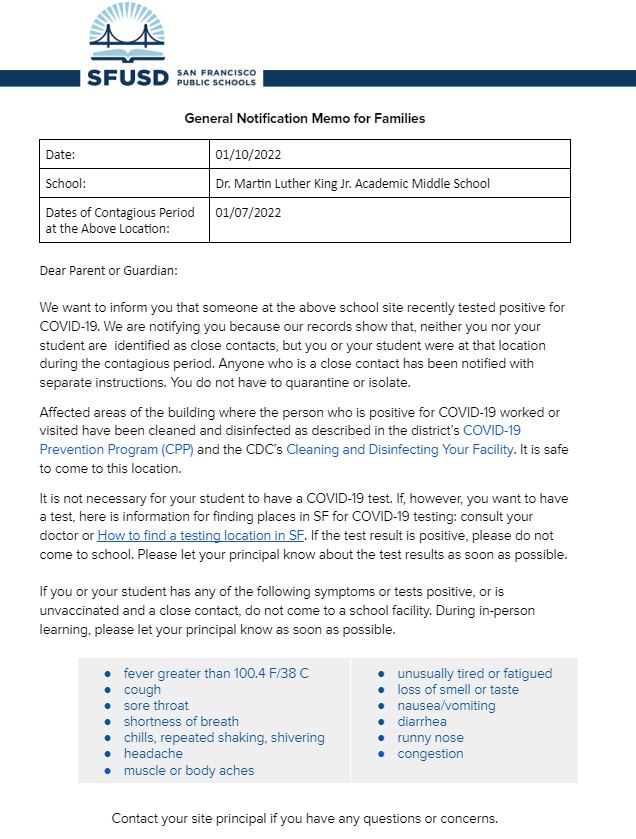 General Notification Memo For Families January 10 2022 English