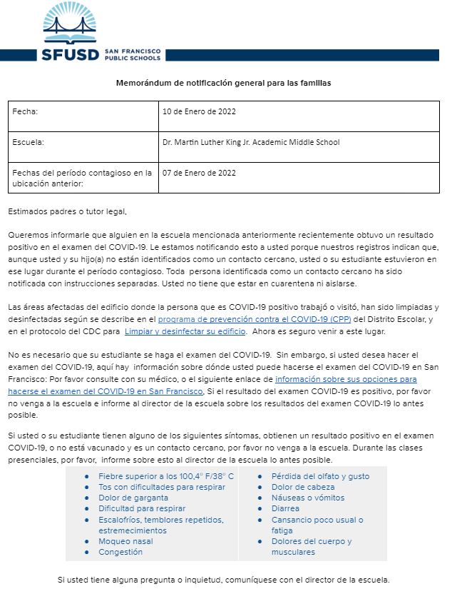 General Notification Memo For Families January 10 2022 Spanish