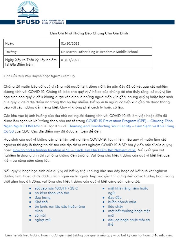 General Notification Memo For Families January 10 2022 Vietnamese