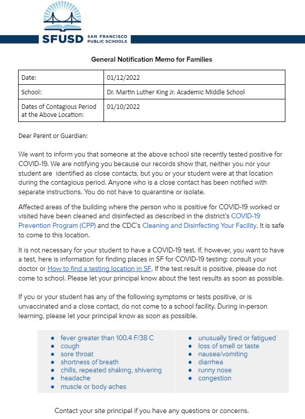 General Notification Memo For Families January 12 2022 English