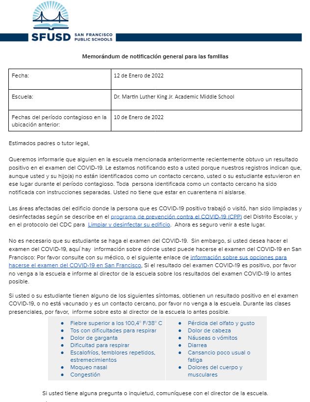 General Notification Memo For Families January 12 2022 Spanish