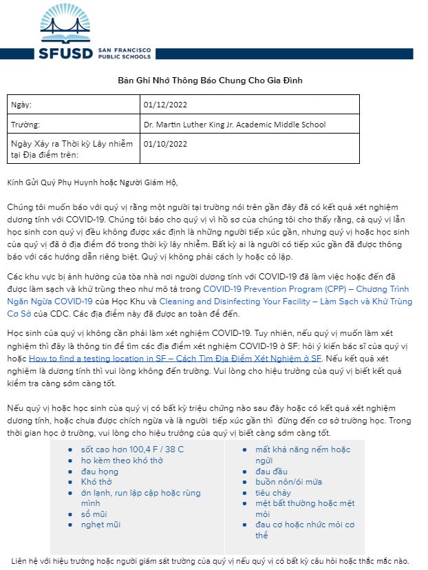General Notification Memo For Families January 12 2022 Vietnamese