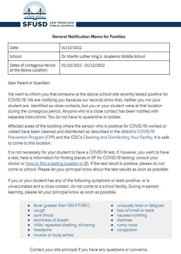 General Notification Memo For Families January 13 2022 English