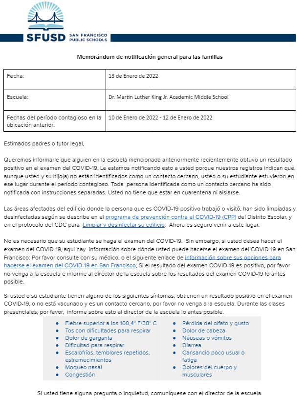 General Notification Memo For Families January 13 2022 Spanish