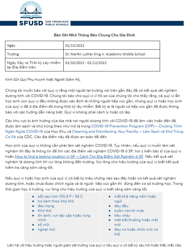 General Notification Memo For Families January 13 2022 Vietnamese