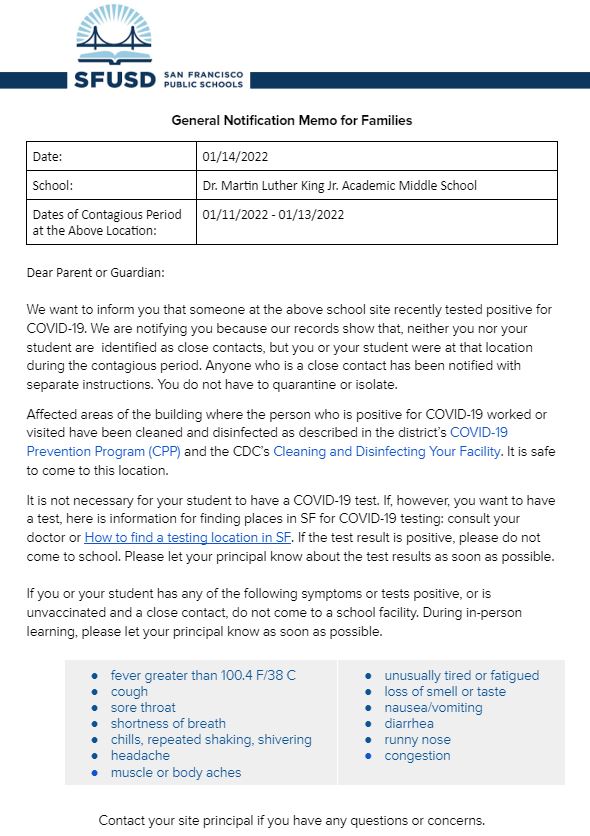 General Notification Memo For Families January 14 2022 English