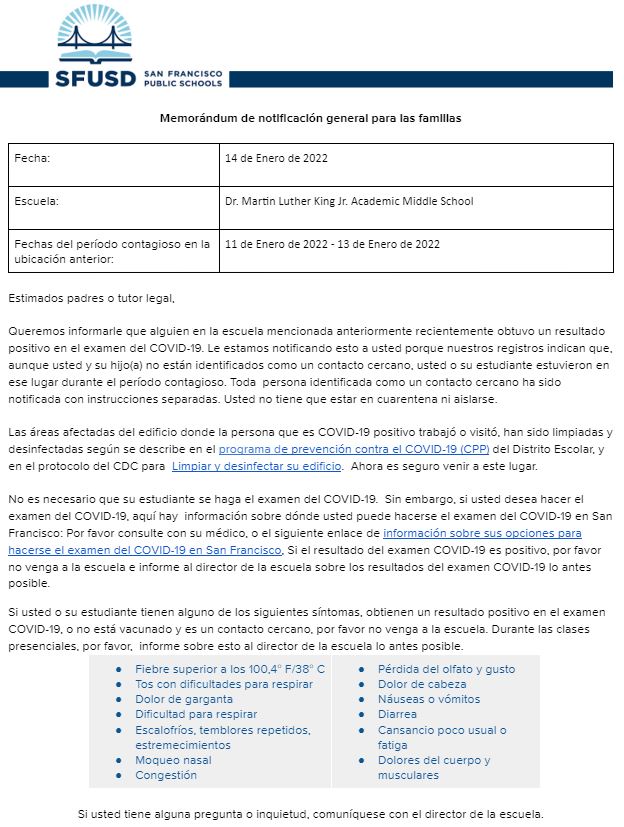 General Notification Memo For Families January 14 2022 Spanish
