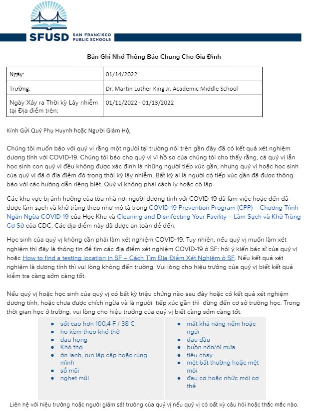 General Notification Memo For Families January 14 2022 Vietnamese