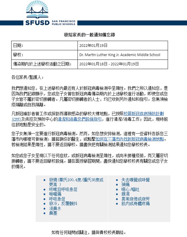 General Notification Memo For Families January 19 2022 Chinese