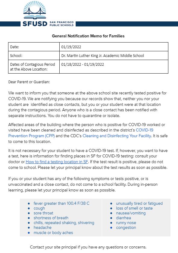 General Notification Memo For Families January 19 2022 English