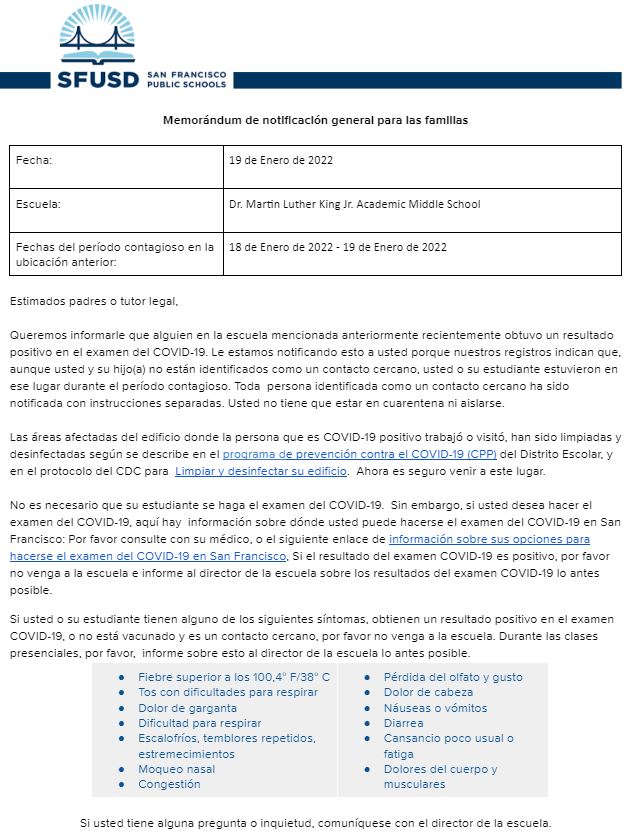 General Notification Memo For Families January 19 2022 Spanish