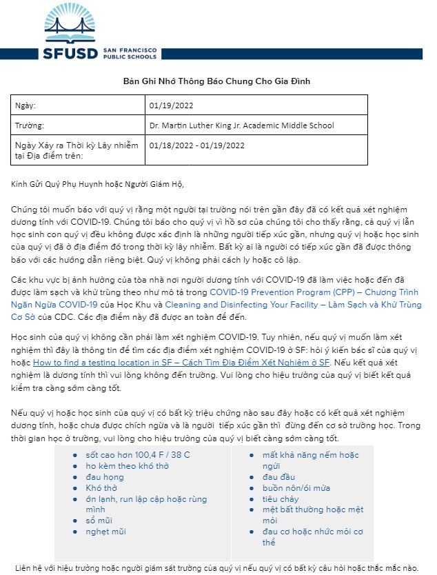 General Notification Memo For Families January 19 2022 Vietnamese