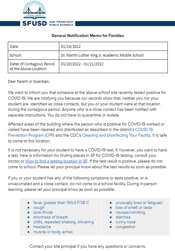 General Notification Memo For Families January 24 2022 English