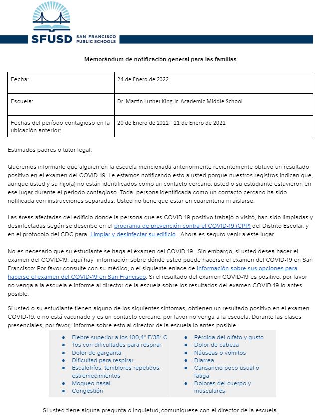 General Notification Memo For Families January 24 2022 Spanish