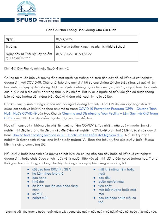 General Notification Memo For Families January 24 2022 Vietnamese