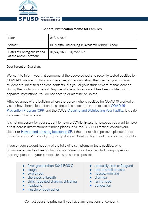 General Notification Memo For Families January 27 2022 English